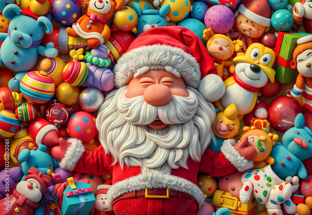 Santa claus taking a break from toy making, lying on a pile of colorful toys and smiling happily Santa claus taking a break from toy making, lying on a pile of colorful toys and smiling happily