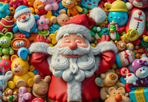 Happy santa claus relaxing in a pile of colorful toys, enjoying the christmas spirit with a big smile