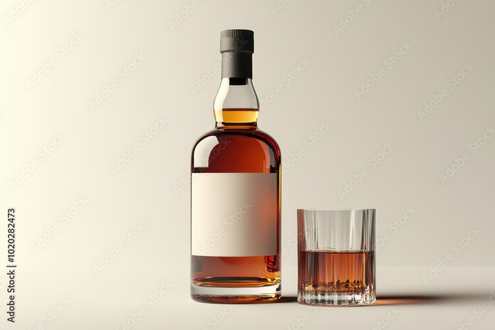 Mockup of a whiskey bottle with a blank label placed beside a glass filled with whiskey Mockup of a whiskey bottle with a blank label placed beside a glass filled with whiskey