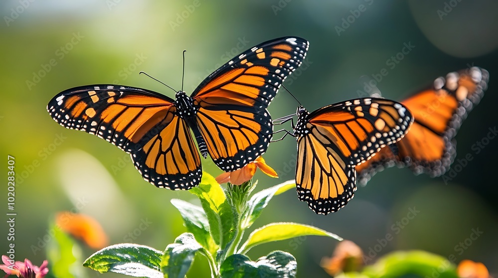 Naklejka premium Two Monarch butterflies perched on vibrant flowers in a sunny garden.