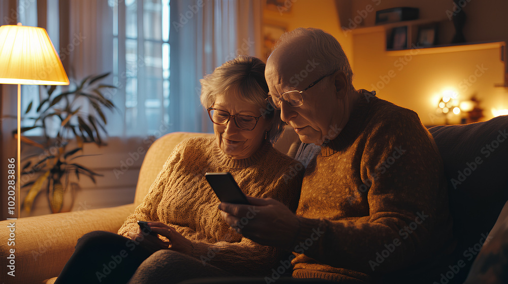 An elderly couple relaxes on a sofa in a cozy living room, both using their smartphones. An elderly couple relaxes on a sofa in a cozy living room, both using their smartphones.