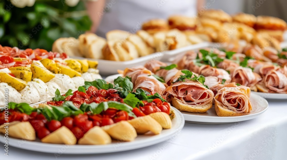 Delicious assortment of appetizers on plates at a festive gathering. Delicious assortment of appetizers on plates at a festive gathering.
