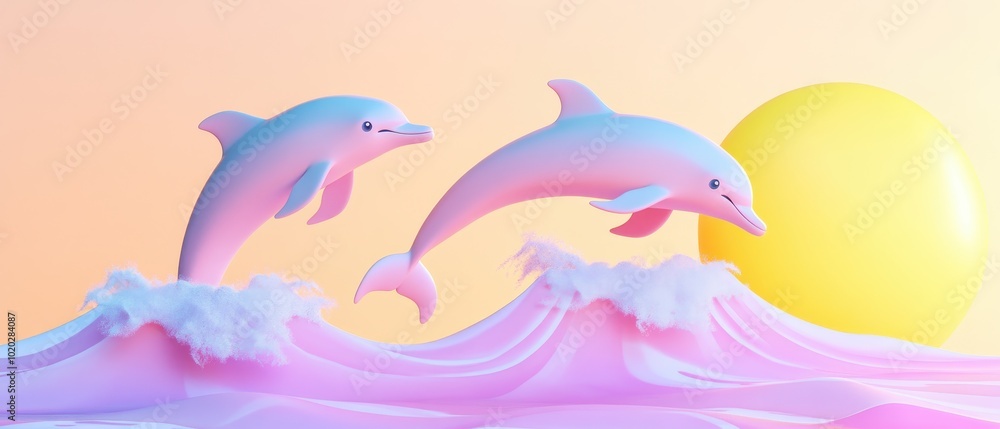 Fototapeta premium Playful dolphins leap joyfully over pink waves as a golden sun sets in a pastel sky, creating a vibrant, whimsical ocean scene.