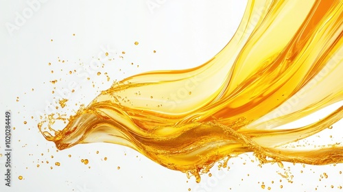 Yellow fuel oil droplets on a cinematic white background, floating in the air, splashing and swirling, in high definition with intricate details