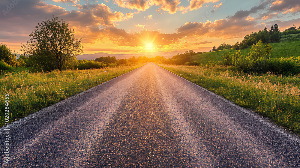 A scenic view of a paved road winding through lush green fields towards a distant sunset with a mountain backdrop. A scenic view of a paved road winding through lush green fields towards a distant sunset with a mountain backdrop.