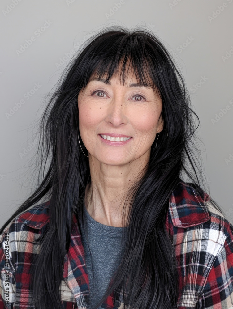 Portrait of a young woman with long black hair wearing a plaid shirt, standing against a gray background. Concept of casual fashion and natural beauty Portrait of a young woman with long black hair wearing a plaid shirt, standing against a gray background. Concept of casual fashion and natural beauty
