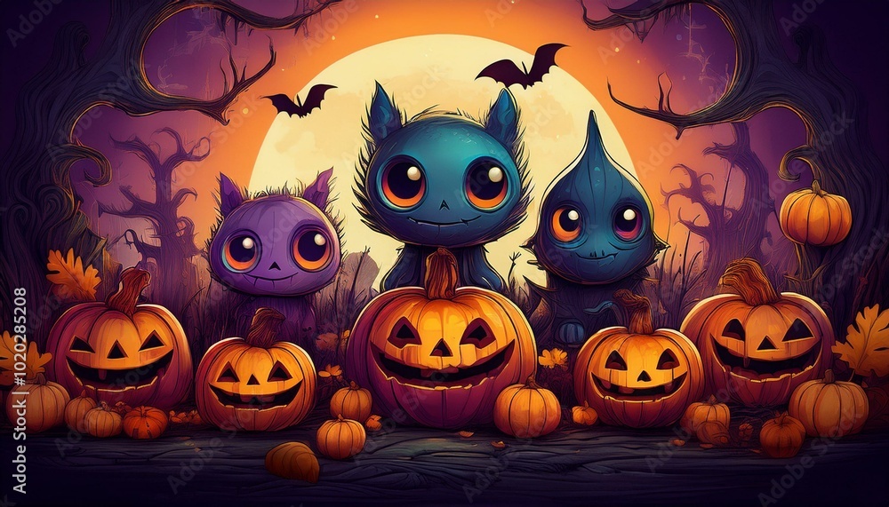 creepy cute creatures in a halloween scene creepy cute creatures in a halloween scene