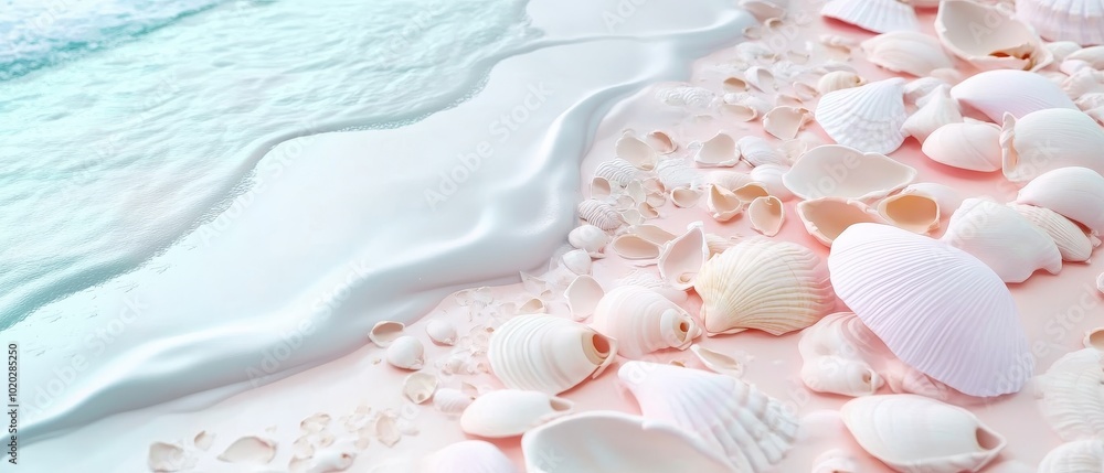 A tranquil beach scene featuring smooth waves lapping at a shoreline adorned with various light-colored seashells scattered on sandy terrain. A tranquil beach scene featuring smooth waves lapping at a shoreline adorned with various light-colored seashells scattered on sandy terrain.