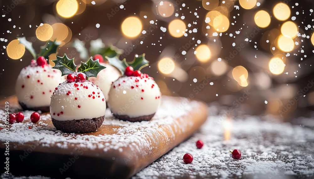 Festive dessert truffles on a wooden board, with snow and lights in the background. Festive dessert truffles on a wooden board, with snow and lights in the background.