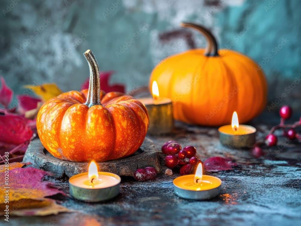 Creative autumn decor with pumpkins and candles on a rustic background Creative autumn decor with pumpkins and candles on a rustic background