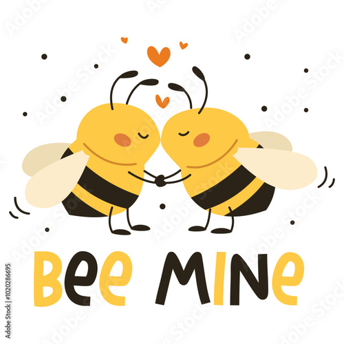 Flat vector illustration in children's style. Cute bees hugging each other. Hearts and inscription be mine. Vector illustration