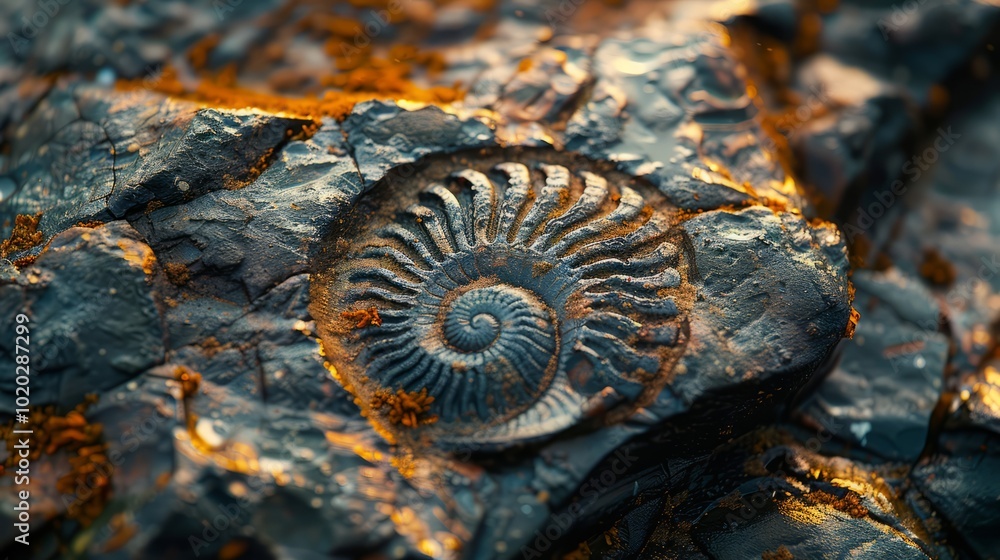 A fossilized ammonite presents a stunning spiral design embedded in a rough stone, illuminated by gentle sunlight in a natural outdoor setting A fossilized ammonite presents a stunning spiral design embedded in a rough stone, illuminated by gentle sunlight in a natural outdoor setting