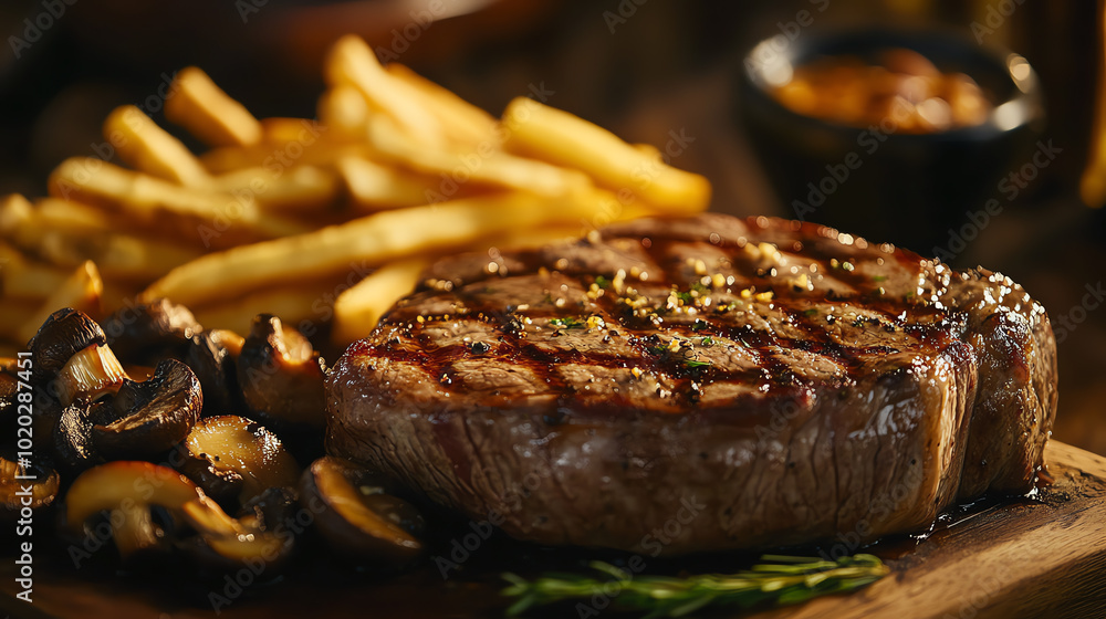 Juicy grilled steak served with crispy fries, grilled mushrooms, and savory sauce. Perfect for a delicious meal. Ideal for food photography and culinary applications. Juicy grilled steak served with crispy fries, grilled mushrooms, and savory sauce. Perfect for a delicious meal. Ideal for food photography and culinary applications.