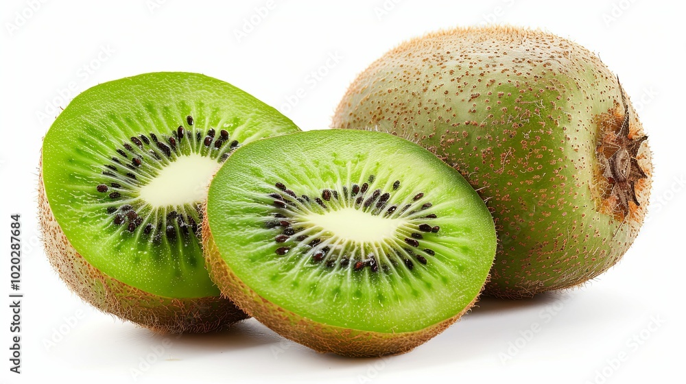 Whole and Sliced Fresh Green Kiwis on White Background Whole and Sliced Fresh Green Kiwis on White Background