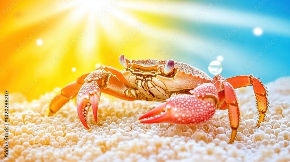 Vibrant underwater scene featuring a crab moving among colorful coral reefs with bubbles and sunlight streaming through Vibrant underwater scene featuring a crab moving among colorful coral reefs with bubbles and sunlight streaming through