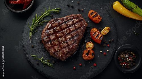 Juicy grilled steak with a perfectly seared crust, served on a dark slate plate with roasted tomatoes, spices, and fresh rosemary accents against a black background. photo