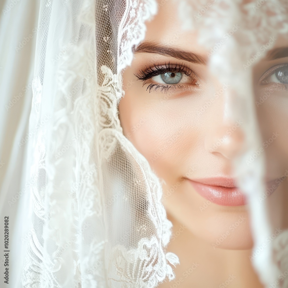 Close-up of bride's face with flowing veil. Concept: timeless beauty and bridal elegance. Close-up of bride's face with flowing veil. Concept: timeless beauty and bridal elegance.