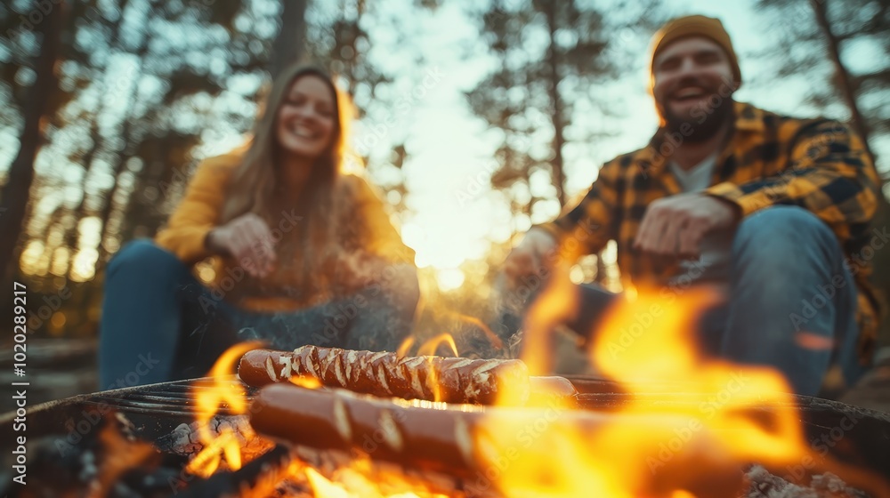 A group of friends is gathered around a warm campfire, smiling as they enjoy each other's company and the natural beauty of the setting sun filtering through trees. A group of friends is gathered around a warm campfire, smiling as they enjoy each other's company and the natural beauty of the setting sun filtering through trees.