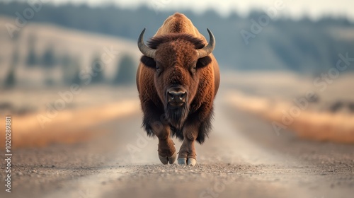 A powerful image of a bison calmly walking along a rural road, surrounded by a tranquil landscape, emphasizing its majestic presence and the vast open space around.