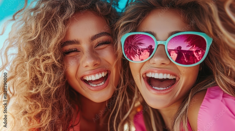 Two women with curly hair are laughing joyfully at the camera, one wearing reflective sunglasses. Their bright smiles convey happiness and friendship in a sunny setting. Two women with curly hair are laughing joyfully at the camera, one wearing reflective sunglasses. Their bright smiles convey happiness and friendship in a sunny setting.