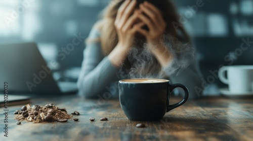 A steaming black cup with coffee sits on the table surrounded by scattered coffee beans; the scene shows a person in distress in the background. photo