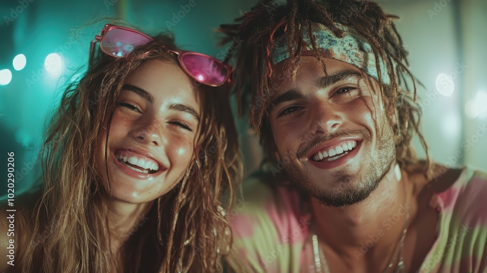 A pair of friends brilliantly captured amidst a lively nightlife scene, radiating happiness and living in the moment with dazzling lights in the background.