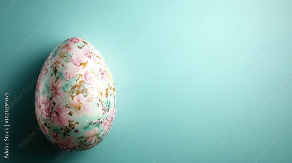 An intricately designed floral egg rests against a soft aqua background, casting shadows that reflect its delicate beauty and the essence of springtime decor. An intricately designed floral egg rests against a soft aqua background, casting shadows that reflect its delicate beauty and the essence of springtime decor.
