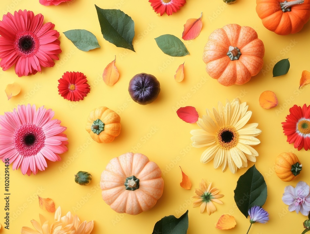 Autumn flat lay with colorful flowers and pumpkins on yellow background Autumn flat lay with colorful flowers and pumpkins on yellow background