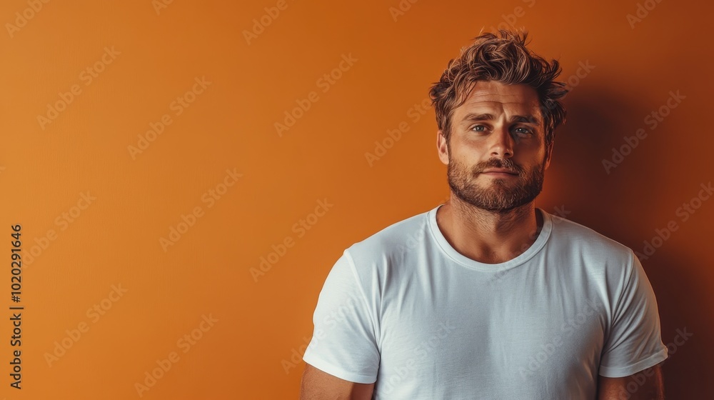 A rugged bearded man in a white shirt poses confidently against a striking orange background, exuding style and modernity with a casual yet bold presence. A rugged bearded man in a white shirt poses confidently against a striking orange background, exuding style and modernity with a casual yet bold presence.
