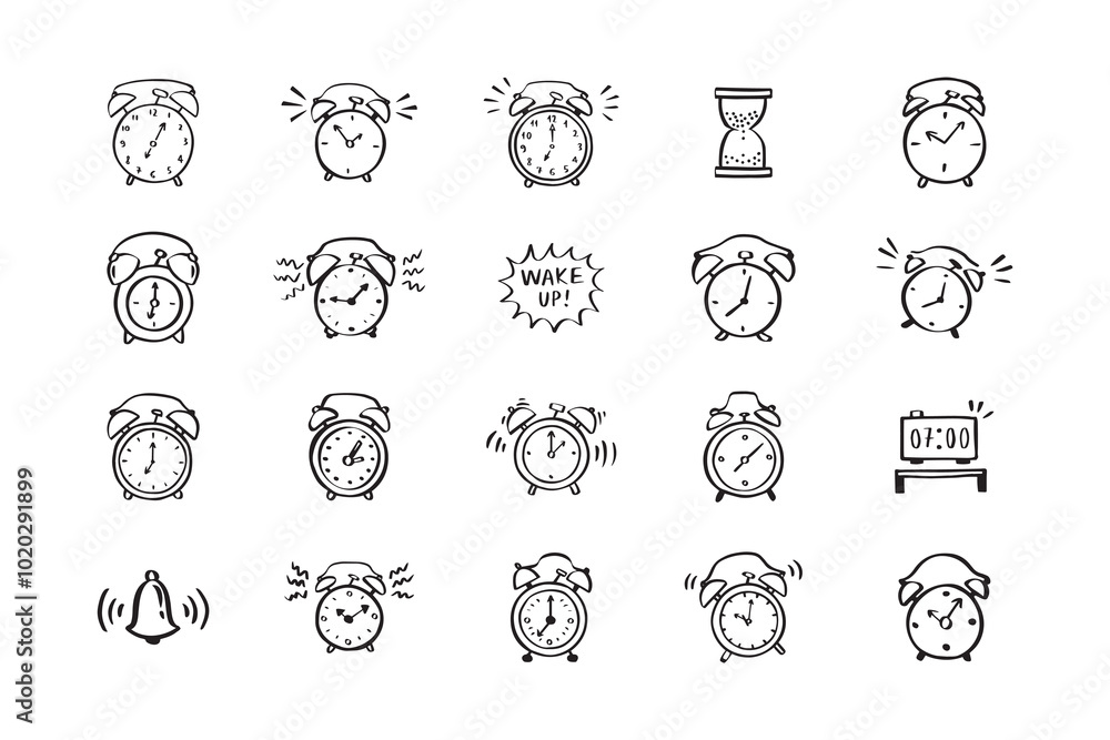 Hand drawn doodle alarm. different alarm Hand drawn doodle alarm. different alarm