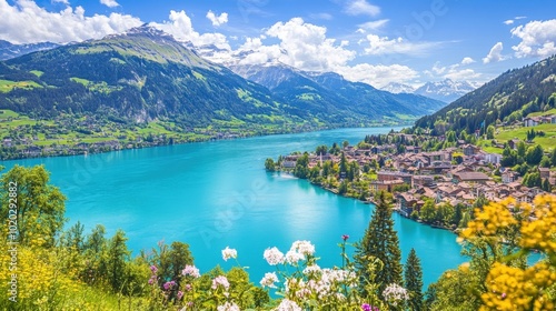 Scenic View of Blue Lake and Mountain Landscape