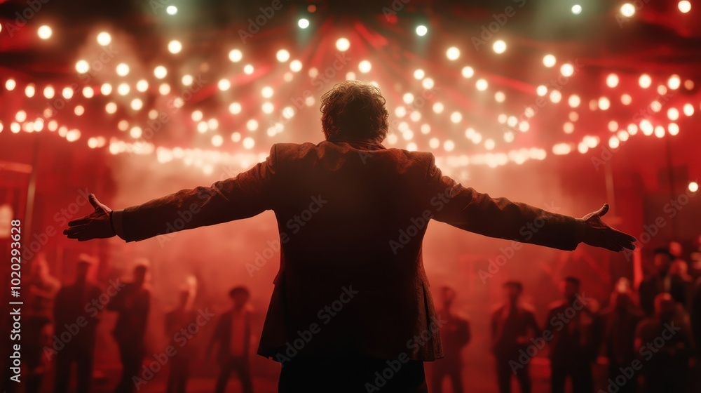 A man standing confidently with arms outstretched faces an engaged audience, against the backdrop of glowing lights in a colorful, lively setting. A man standing confidently with arms outstretched faces an engaged audience, against the backdrop of glowing lights in a colorful, lively setting.