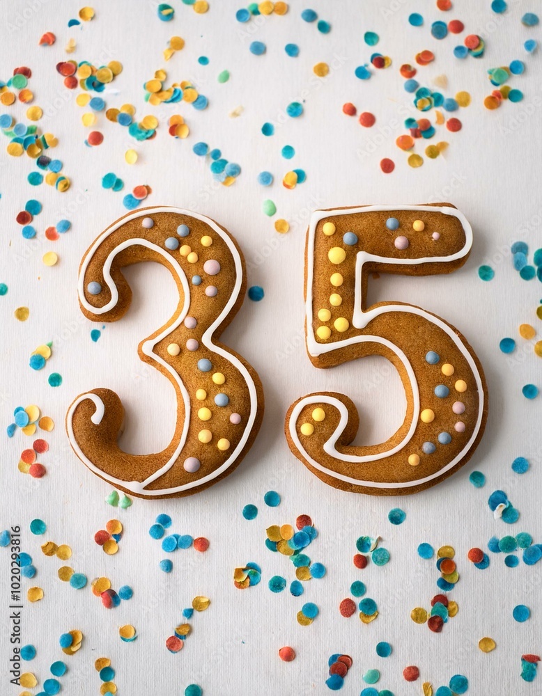 Decorated cookie, number 35, image for birthday or anniversary celebration Decorated cookie, number 35, image for birthday or anniversary celebration