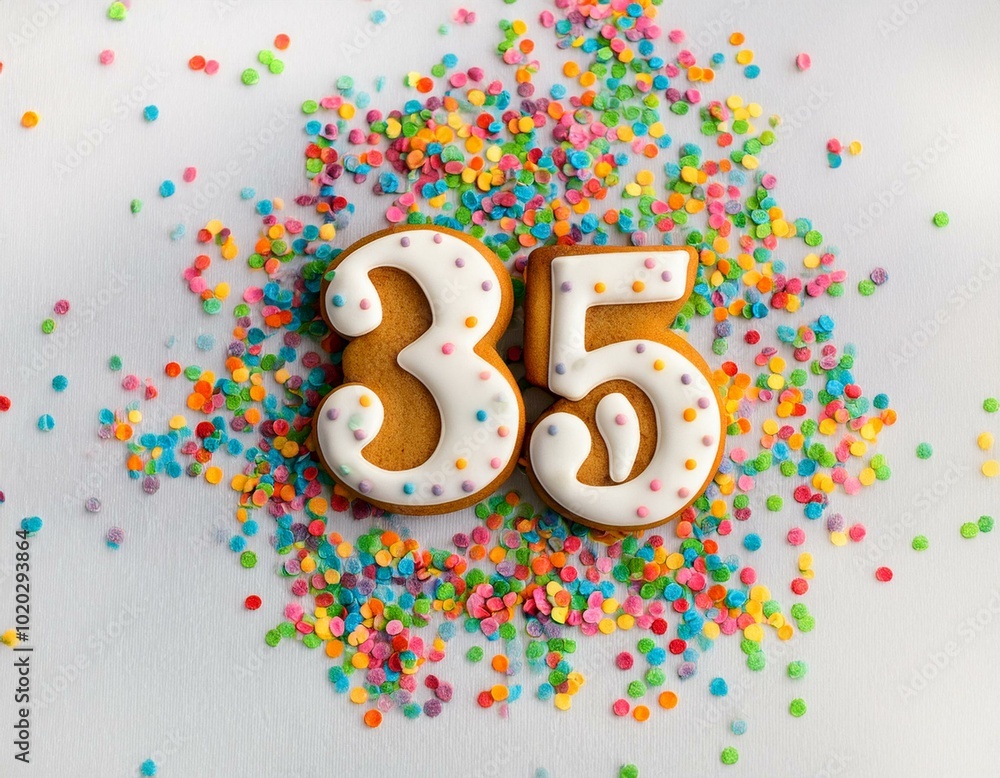 Decorated cookie, number 35, image for birthday or anniversary celebration Decorated cookie, number 35, image for birthday or anniversary celebration