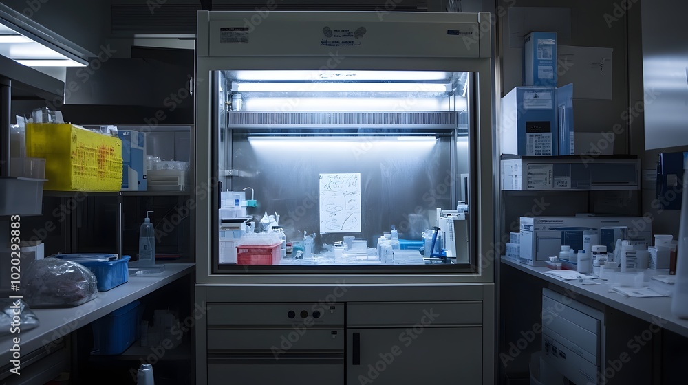 118. A fume hood in a forensic laboratory surrounded by evidence samples 118. A fume hood in a forensic laboratory surrounded by evidence samples
