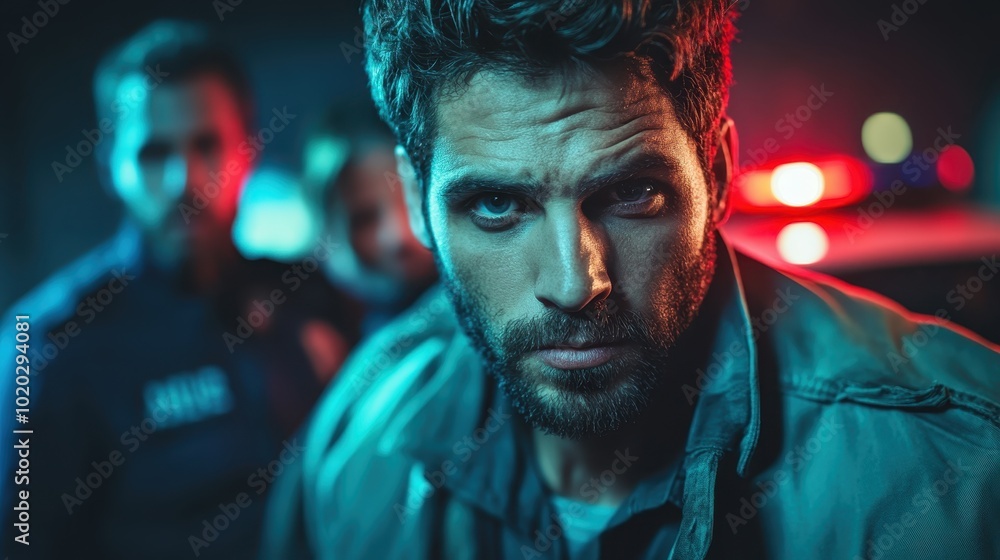 An enigmatic man stands in front of police lights, his mysterious expression and confident stance creating a scene full of suspense and potential narrative depth. An enigmatic man stands in front of police lights, his mysterious expression and confident stance creating a scene full of suspense and potential narrative depth.