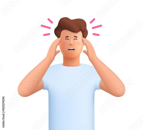 Young man in stress, holding hands on head. Migraine, stress, headache concept.