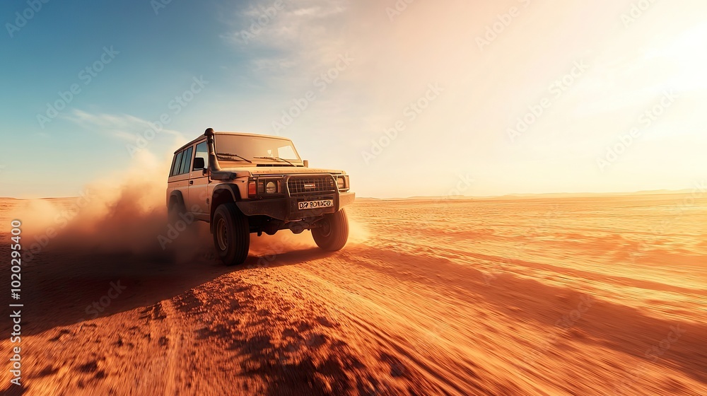 Obraz premium A 4x4 vehicle braving harsh desert heat, with dust swirling around as it drives through extreme conditions