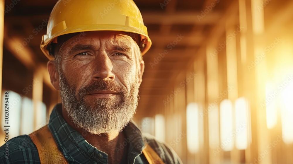 A mature construction worker wearing a yellow hard hat, standing on a building site with wooden beams and the sunset in the background, exuding determination and experience. A mature construction worker wearing a yellow hard hat, standing on a building site with wooden beams and the sunset in the background, exuding determination and experience.