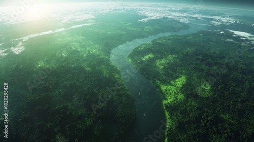 Aerial View of a River Cutting Through Lush Green Forest