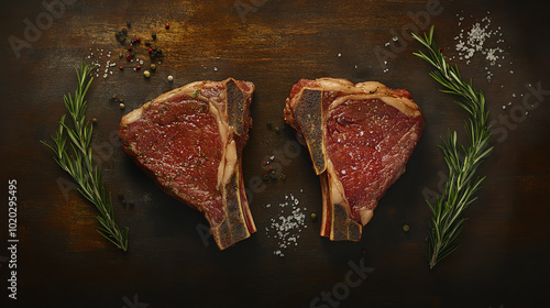 Two raw steak cuts on a wooden surface, garnished with fresh rosemary and sprinkled with salt and pepper, perfect for cooking delicious meals or showcasing culinary excellence. photo