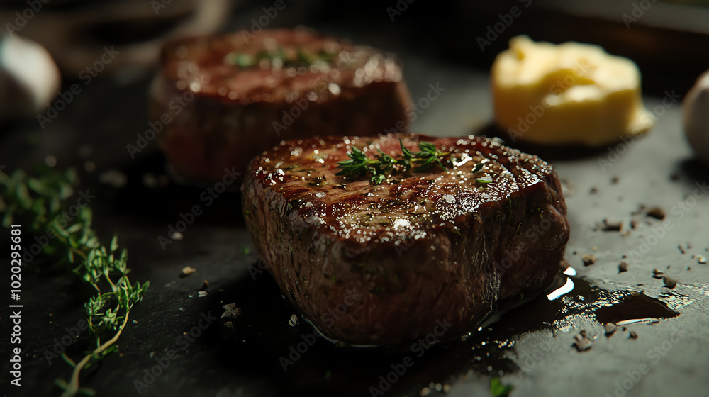 Two succulent filet mignon steaks, perfectly cooked and garnished with herbs, accompanied by a dollop of butter on a rustic wooden board. Two succulent filet mignon steaks, perfectly cooked and garnished with herbs, accompanied by a dollop of butter on a rustic wooden board.