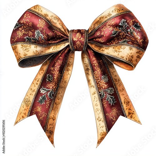 A luxurious Christmas bow featuring brocade texture with rich red and gold colors, adorned with intricate floral patterns. Perfect for festive decorations and holiday cheer