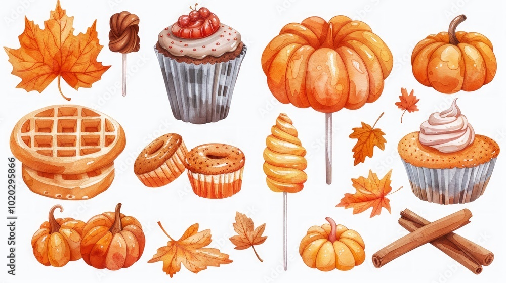 Watercolor illustration of autumn themed food and desserts, including pumpkins, cupcakes, candy, and cinnamon sticks. Watercolor illustration of autumn themed food and desserts, including pumpkins, cupcakes, candy, and cinnamon sticks.