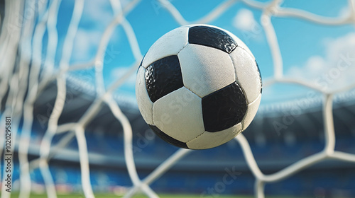 Football ball flying into goal net at stadium