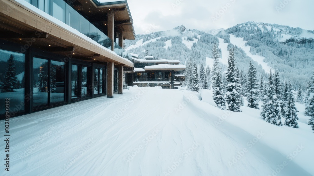 A picturesque winter scene showcasing a cozy chalet with expansive snow-covered mountains in the background, creating an idyllic and serene winter atmosphere. A picturesque winter scene showcasing a cozy chalet with expansive snow-covered mountains in the background, creating an idyllic and serene winter atmosphere.