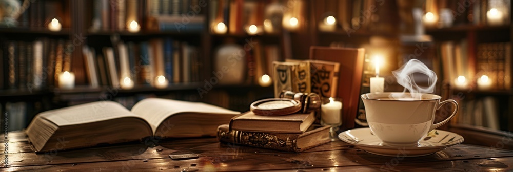 A warm, inviting space featuring open books, a steaming cup of coffee, and soft candlelight, perfect for reading and relaxation. Generative AI A warm, inviting space featuring open books, a steaming cup of coffee, and soft candlelight, perfect for reading and relaxation. Generative AI