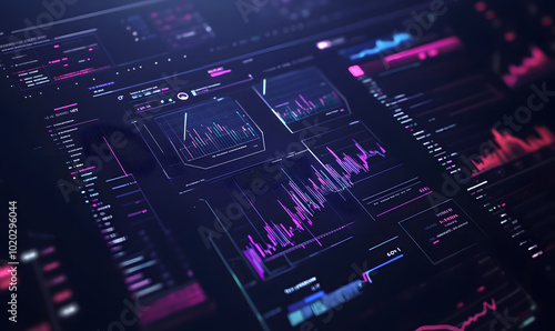 Futuristic financial dashboards and luxury business charts with glowing neon lines, gold accents, and connected nodes for corporate branding.