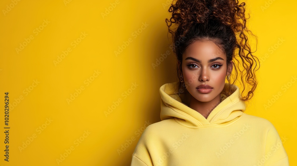 A woman with curly hair wearing a yellow hoodie stands confidently against a vibrant yellow background, showcasing modern fashion and self-assurance. A woman with curly hair wearing a yellow hoodie stands confidently against a vibrant yellow background, showcasing modern fashion and self-assurance.