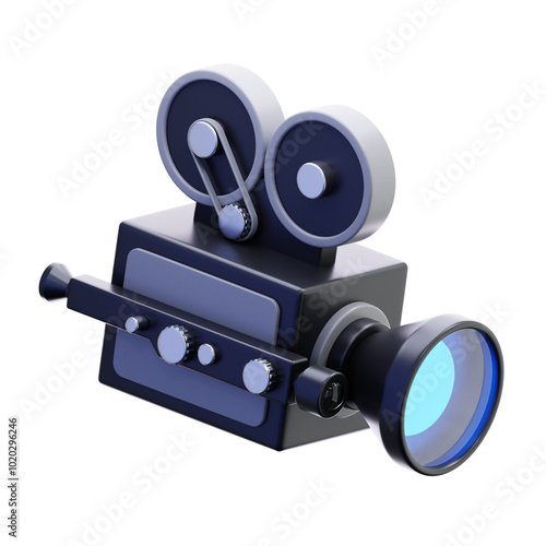 Vintage Film Camera Icon with Dual Reels. 3D rendered film camera with reels and lens, symbolizing filmmaking, cinematography, classic movie production on transparent background, png photo